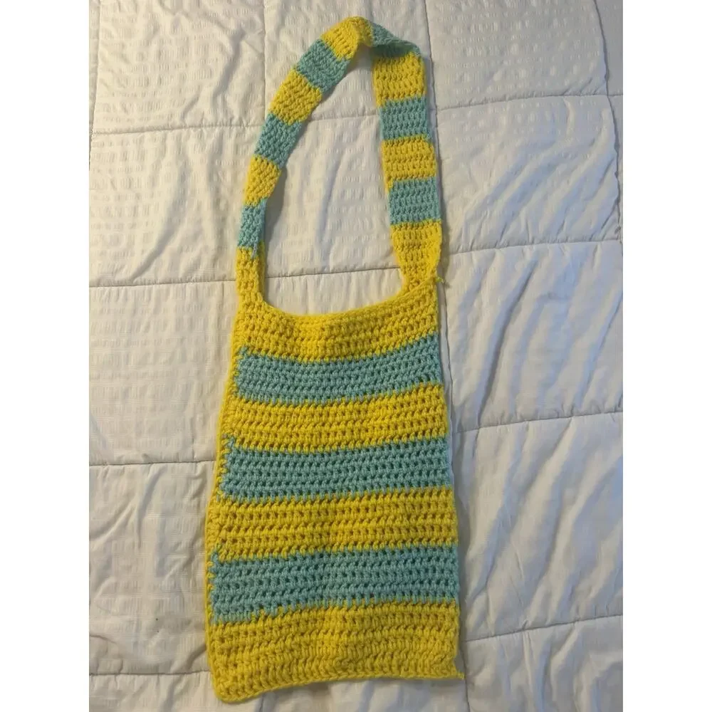Crochet Tote Bag Yellow Blue Stripes Handmade Summer Beach Coastal Preppy